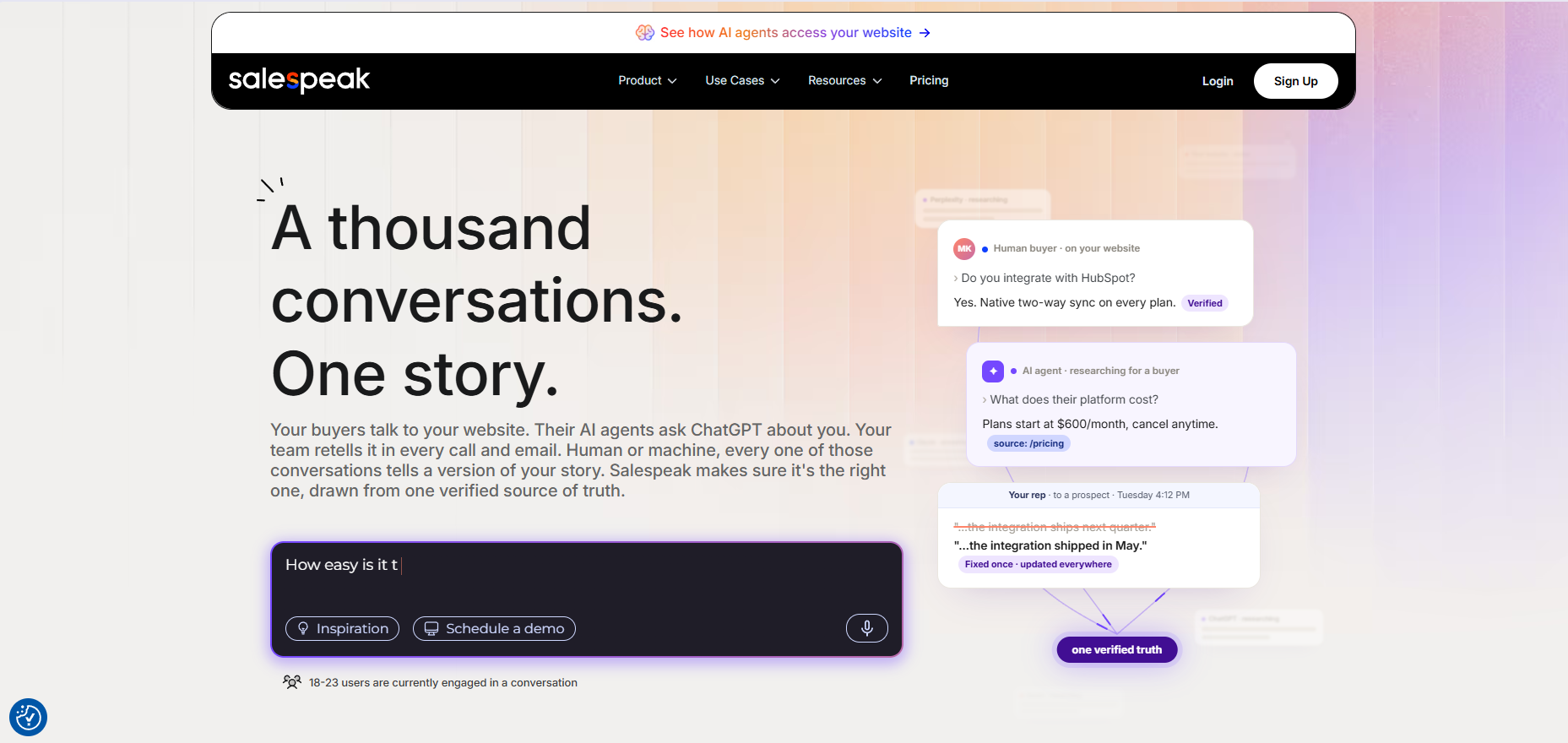 Salespeak AI marketing website — a thousand conversations, one story